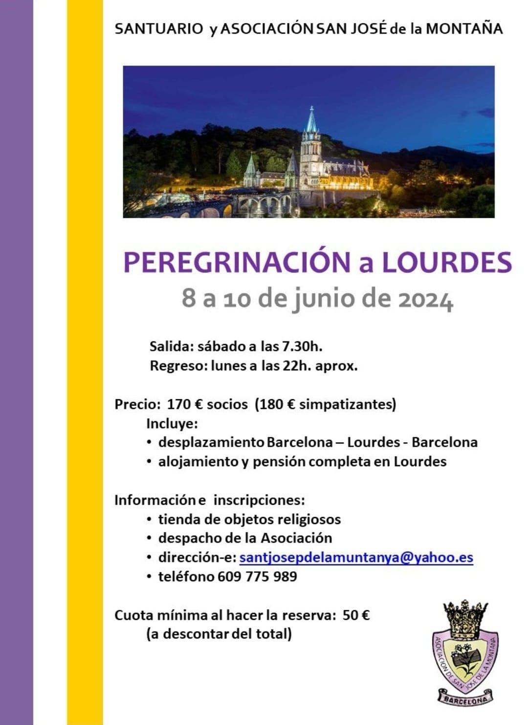 cartel de la peregrinación a Lourdes del 2024 desde el santuario san jose de la montaña