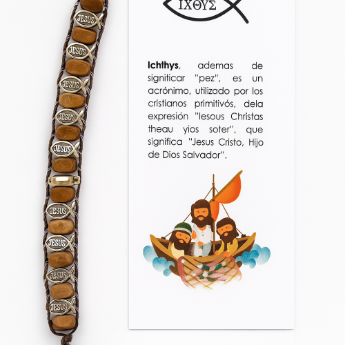 pulsera rosario con la palabra jesus y la imagen de san jose de al montaña junto a la explicación de la palabra jesus