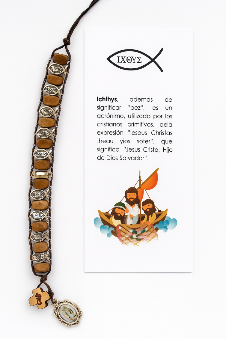 Rosario Pulsera Cristiana de Madera con Cruz y Símbolo de Jesús – Ajustable, Artesanal y con Significado