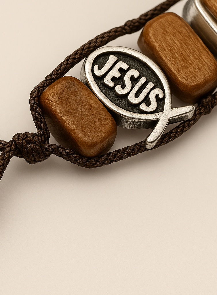 Rosario Pulsera Cristiana de Madera con Cruz y Símbolo de Jesús – Ajustable, Artesanal y con Significado