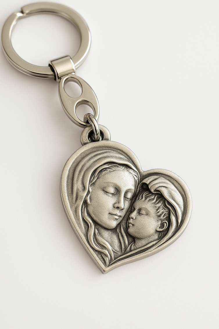 Llavero Religioso en Forma de Corazón con Virgen María y Niño Jesús – Amuleto de Fe y Amor