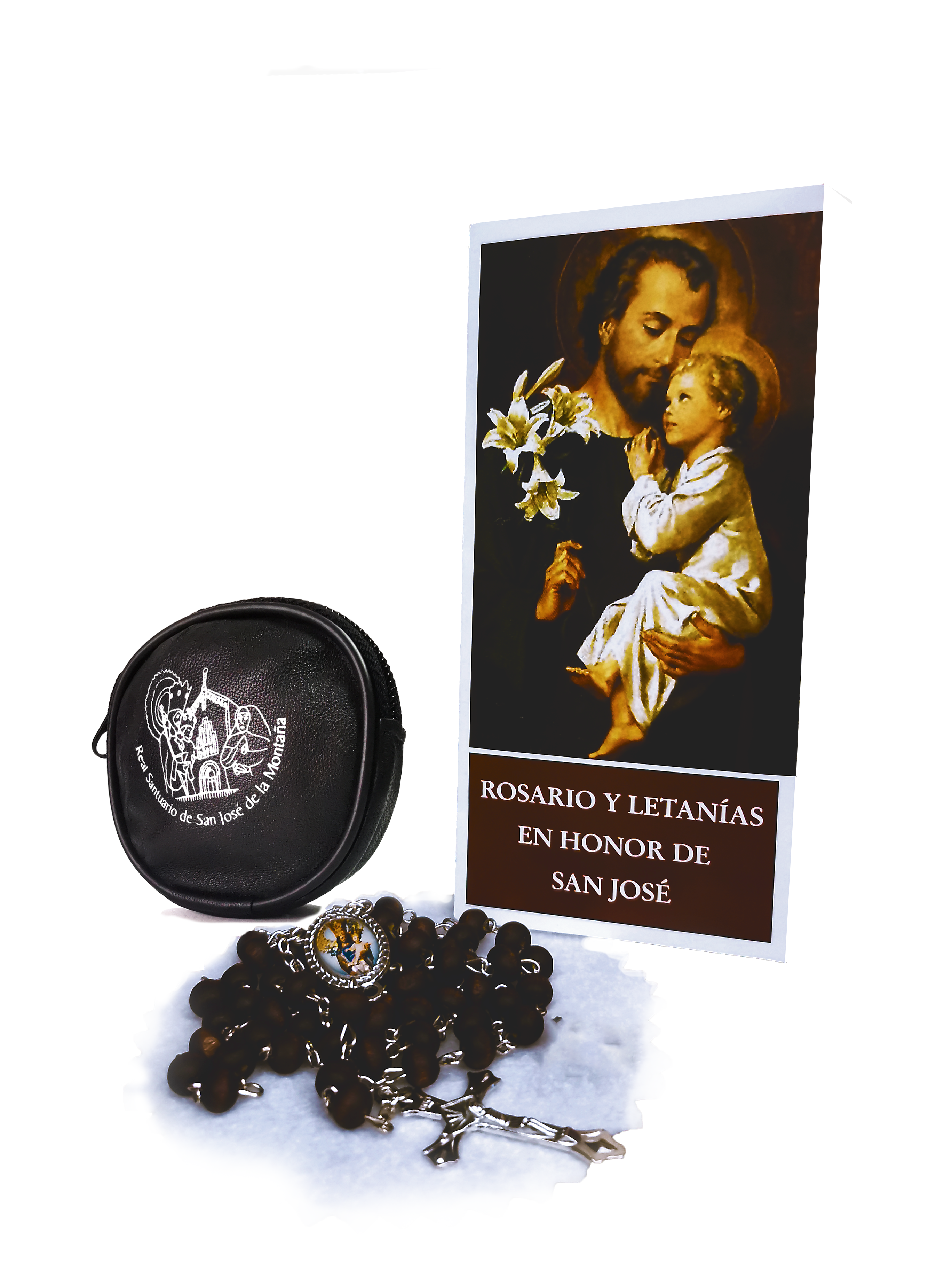rosario de san jose junto a su estuche y una imagen de san jose de la montaña