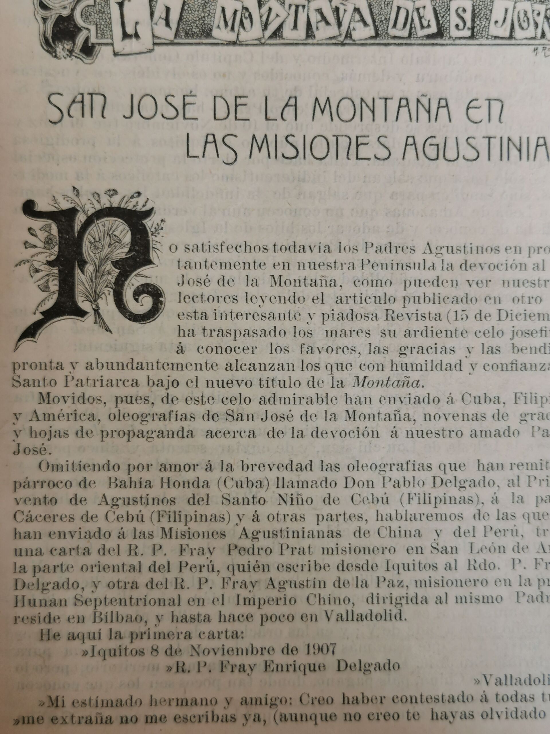 publicación en la revista en 1908 sobre los padres agustinos y como llevan la devoción a San josé de la Montaña por sus misiones