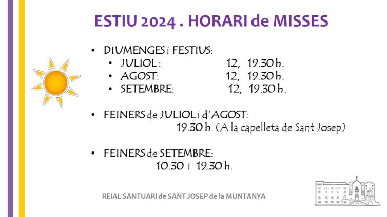 Horaris Misses a l'estiu 2024 al Reial Santuari Sant Josep de la Muntanya a Barcelona