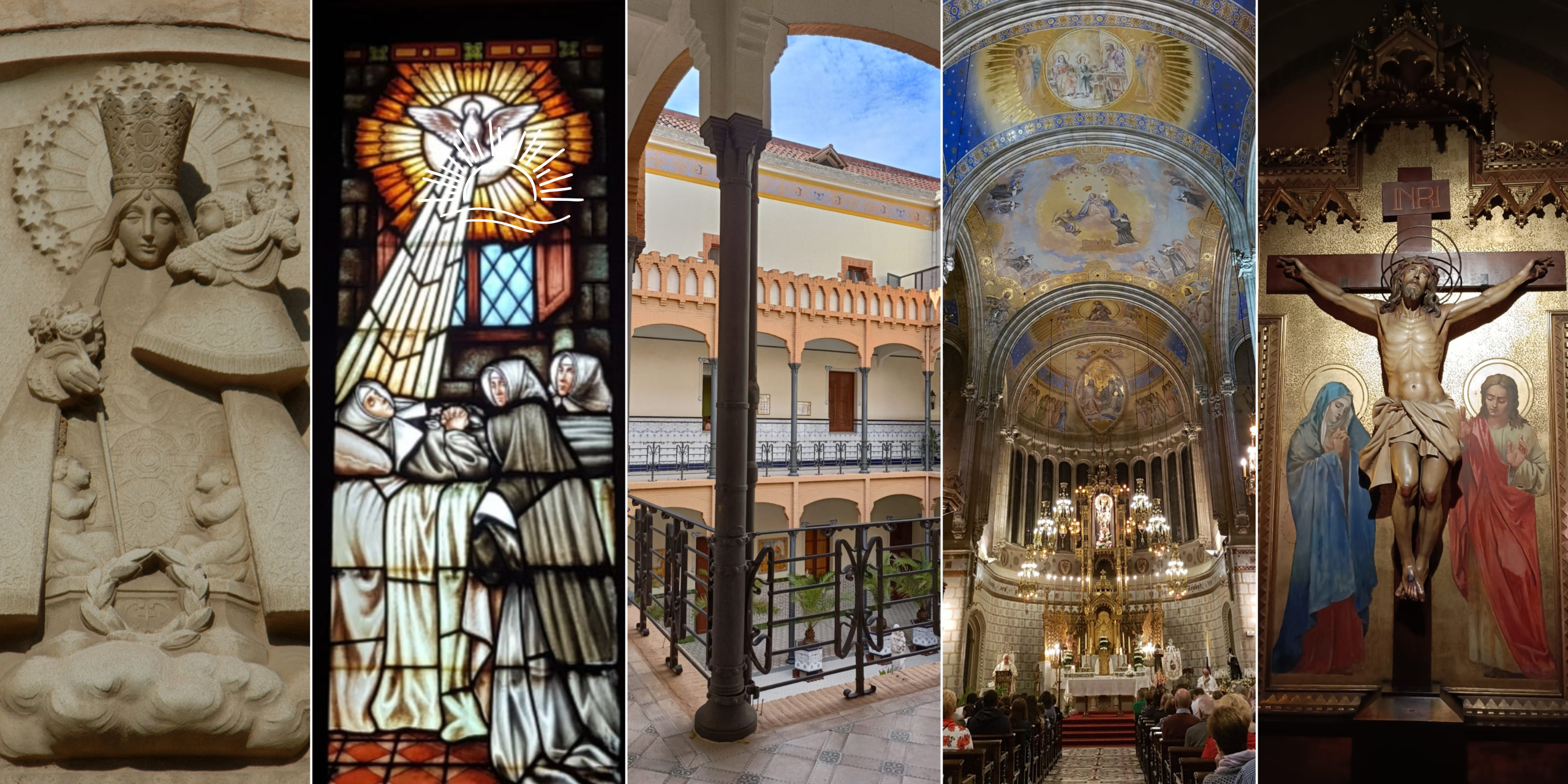 5 imagenes del Santuario San José de la Montaña. Detalle de una vidrierea, claustro, techo de la iglesia, Cristo en la capilla y detalle de la fachada.