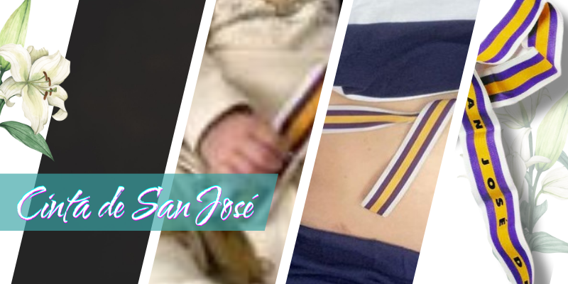 la cinta de san jose. milagrosa para tener bebes. un bebe sostiene la cinta en su mano y una mujer embarazada tiene la cinta atada al rededor de la cintura.