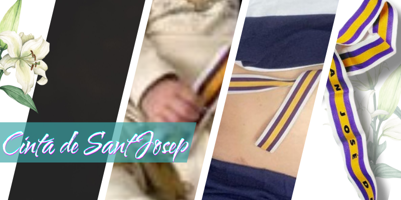 Tres imatges de la cinta de sant josep. una es la cinta, l'atra foto és una dona embarassada amb la cinta al voltant de ka cintura. a altre foto es veu la ma d'un bebe agafant al cinta.