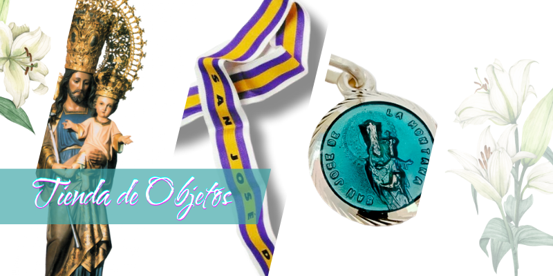 3 objetos que se venden en la tienda del sanuario: figura de san jose, cinta de san jose y medalla de san jose