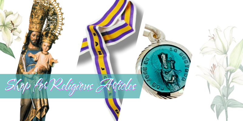 Three items sold in the shop are displayed: a figure of Saint Joseph of the Mountain, a Saint Joseph's cord, and a Saint Joseph medal.